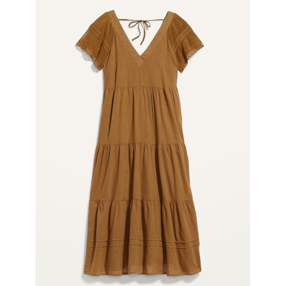 Old Navy Brown Sisal Cotton Flutter-Sleeve Tie-Back Maxi Swing Dress sz L NWT